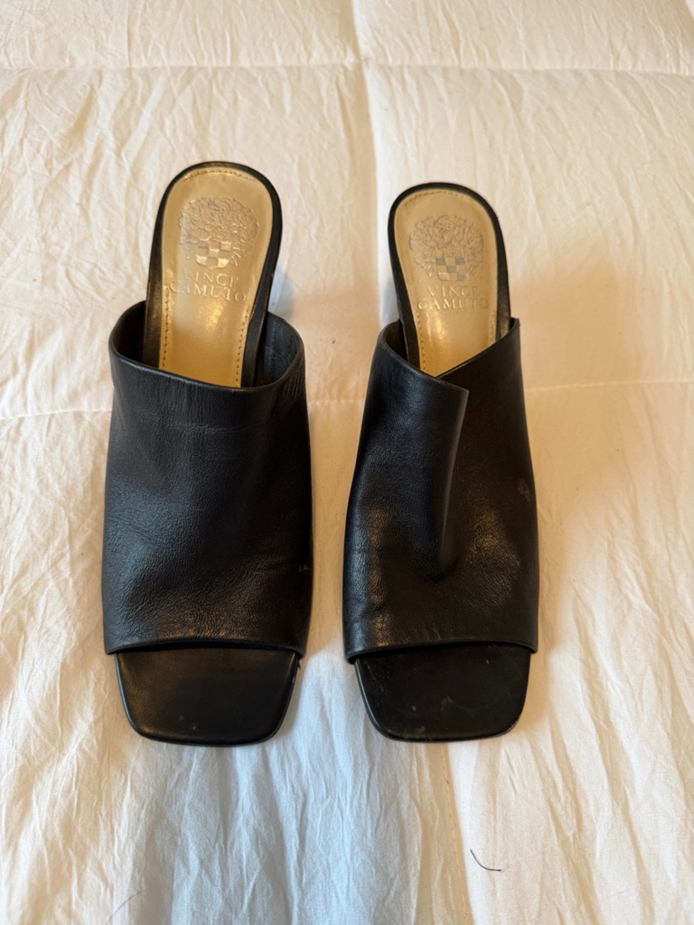 Vince Camuto Black Leather Square-Toe Slip-On Mules